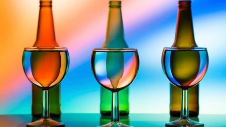 Colorful - glasses, color, bottles, light