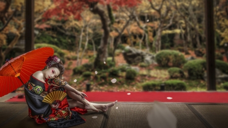 Beauty in Red - beauty, girl, asian, umbrella