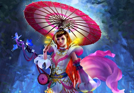 Fantasy girl - red, purple, pink, game, girl, umbrella, blue, chinese, fantasy, japanese, asian, woman