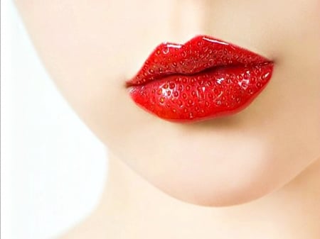 Like a strawberry - red, strawberry, make-up, mouth, fruit, lips, lipstick, woman