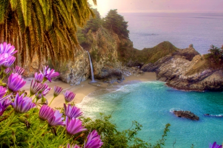 McWay falls - ocean, beach, mountain, falls, water, shore, waterfall, bay, rocks, view, mcway, beautiful, flowers, sea