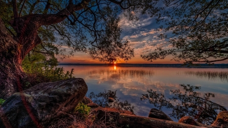 Lake Sunset - lake, stone, sunset, log