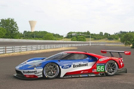 Ford GT Race Car - white, red, race car, wing, blue