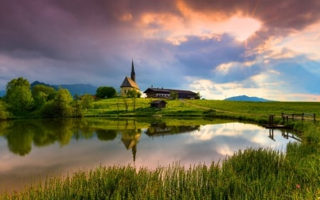 St Nikolaus, Upper Bavaria - clouds, roads, trees, Germany, beautiful, lawn, reflection, church, lake, sky