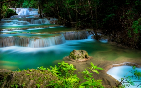 The Blue Falls - trees, water, blue, rivers, beautiful, shrubs, waterfall, tropical, green, foliage