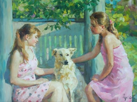 Friends - girls, friends, art, dog