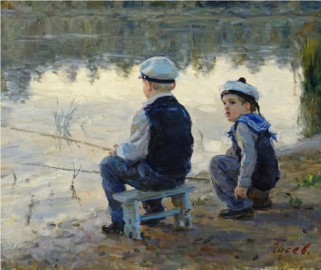 In his Childhood - painting, morning, boys, art