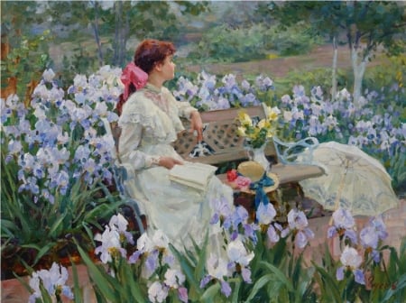 Among the Garden - irises, girl, art, garden