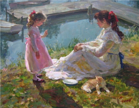 Story Teller - girls, storyteller, painting, cat