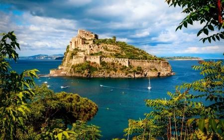 Aragonese castle - sky, lake, trees, italy, sailboats, view, beautiful, clouds, castle, island