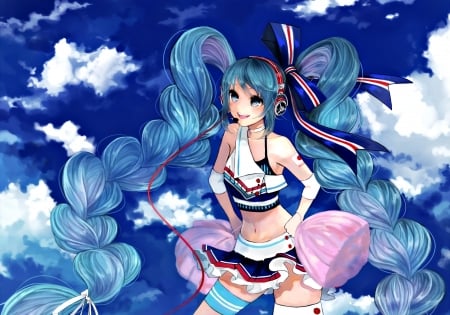 Hatsune Miku - anime, vocaloid, blue, pisuke, girl, hatsune miku, pink, manga, cloud, bow, sky