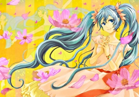 Hatsune Miku - summer, flower, pink, vocaloid, yellow, anime, girl, blue, pixiv, hatsune miku