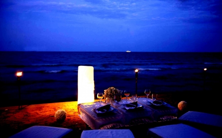 Romantic Night at Beach - candle, lights, beach, table, night