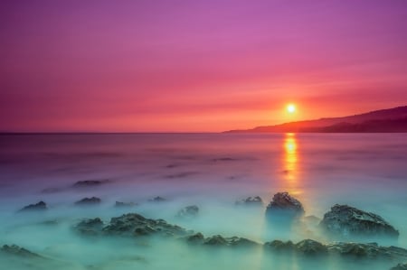 Dawn - ocean, stones, sunset, coast