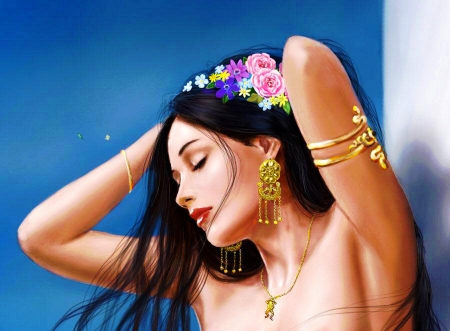 Creole Beauty - woman, jewelry, girl, lovely, fantasy, art, flowers in hair, beautiful, digital