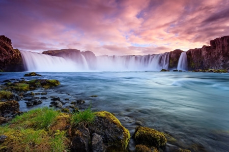 Icelandic Waterfall - sunset, clouds, rocks, river