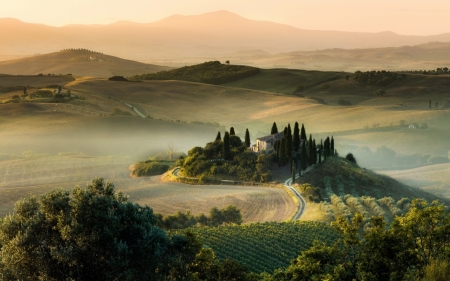 Tuscanny - house, trees, hills, mist, landscape, italy