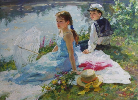 Painting - painting, art, girl, boy