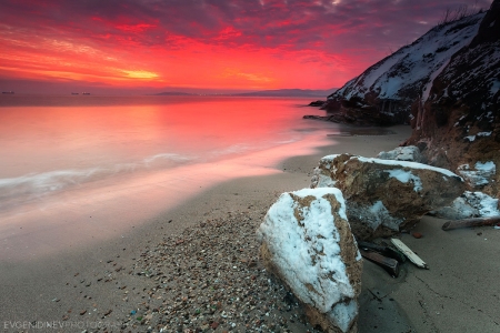 Burning Sky - beach, sun, clouds, colors, coast