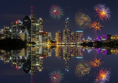 Brisbane, Australia reflection - Nigt, Fireworks, Light, City