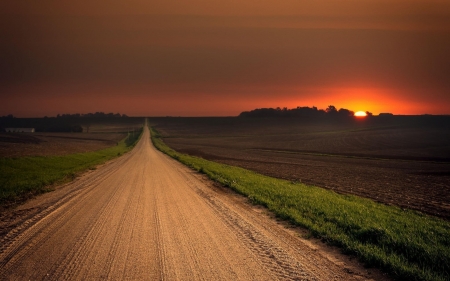 red sunset - field, sunset, grass, road