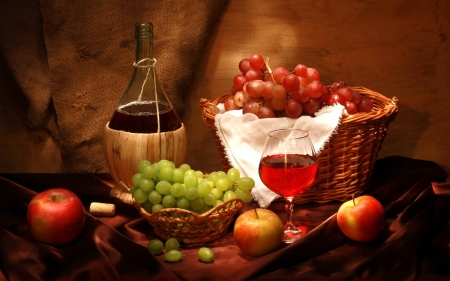 Red Wine - attractions in dreams, glass, basket, wine, still life, apples, autumn beauty, love four seasons, grapes, bottles, lovely still life, red wine