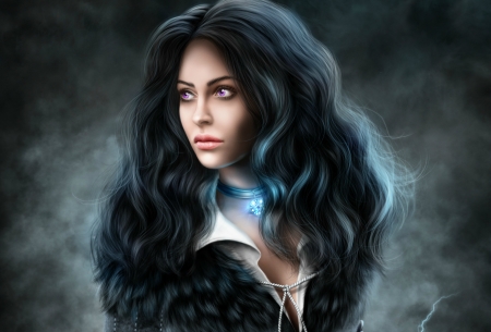 Yennefer - woman, terinburg, yennefer, eyes, black, fantasy, the witcher, luminos, brunette, rendering, pendant, girl, magical, witch, amethyst, blue, alenaekaterinburg