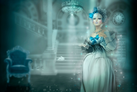 Cinderella at midnight - fantasy, blue, woman, rendering, cinderella, girl, clock