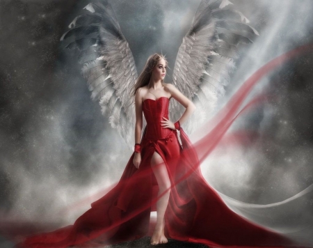 ANGEL OF PASSION - angel, female, red, wings, dress