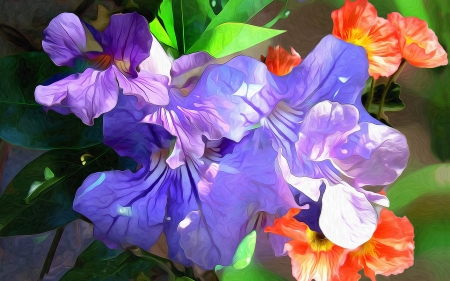 Flowers - summer, painting, purple, art, blue, orange, green, texture, flower