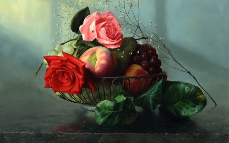 Still Life - flowers, still life, fruits, vase