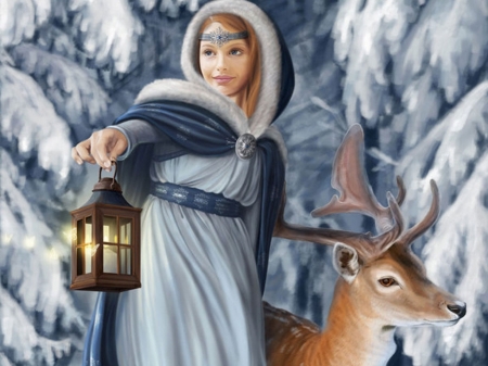 Winter Princess - Snow, winter, beauty, winterland, princess, reindeer