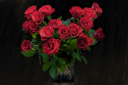 Red Roses - blossoms, petals, bouquet, leaves