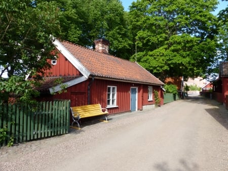 Old House - street, house, trees, sofa, roof, red, old