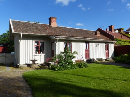 Swedish House - flowers, house, doors, roof, windows, shimmney, grass, sky