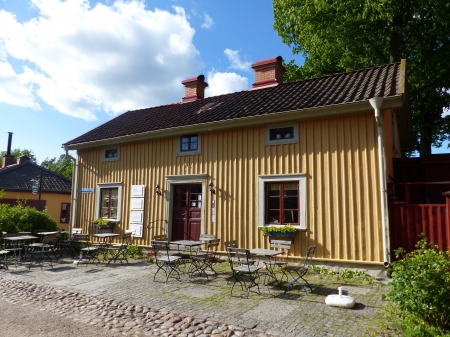 Cafe´ - clouds, house, trees, tables, windows, cafe, chairs, door, sky