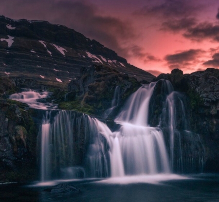 Waterfall - nature, sunset, waterfall, clouds