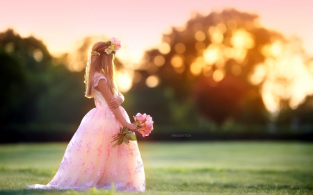 Little princess - princess, girl, child, bouquet, meg bitton, pink, flower, dress, little