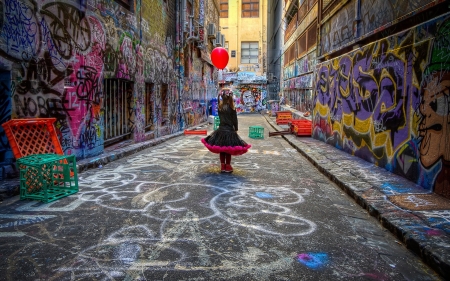 Street of childhood - street, childhood, balloon, red, girl, cute, little, child