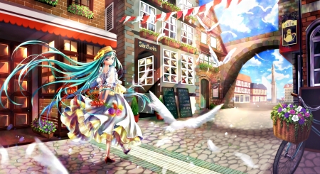 Hatsune Miku - street, bird, vocaloid, anime, girl, hatsune miku, blue, manga