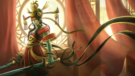 Naga - woman, eternal princess, gril, fantasy, dota 2, art, game, orange, naga siren