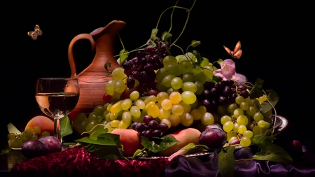 Still Life - butterfly, pot, wine, fruits