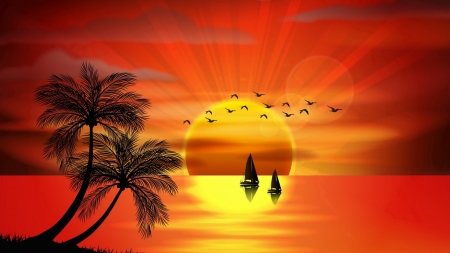 Red Sunset - plam trees, sunset, sea, birds