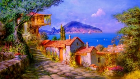 Seaside town - seaside, stairs, sky, peaceful, roofs, coast, painting, oil, view, art, lake, houses, mountain, summer, village, town, beautiful, sea