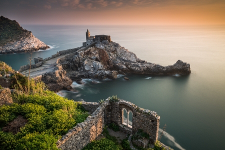 Sunset over Church of St Peter, Porto Venere, Italy - ligurian sea, water, colors, rocks, ruin