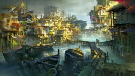 Watertown - boats, fantasy, water, painting, landscape, city