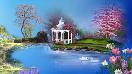 ~*~ Cute lake ~*~ - nature, lake, landscape, hd wallpaper, blue, suans, flowers, cute