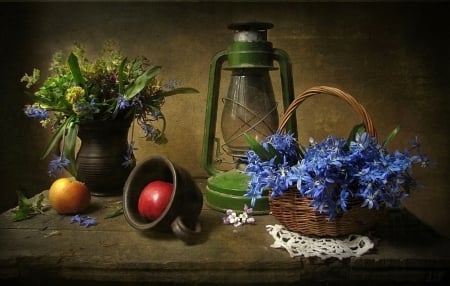 Still Life - apple, basket, flower, cup