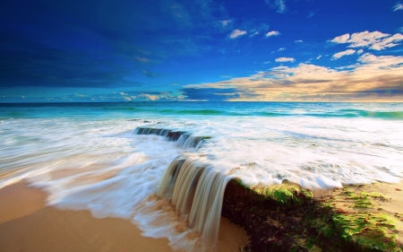 Seaside Little Waterfall - nature, horizon, seaside, clouds, waterfall