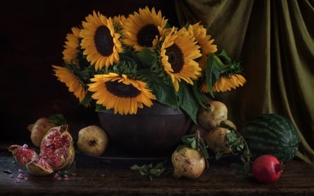 Still life - flowers, sunflowers, fruits, still life